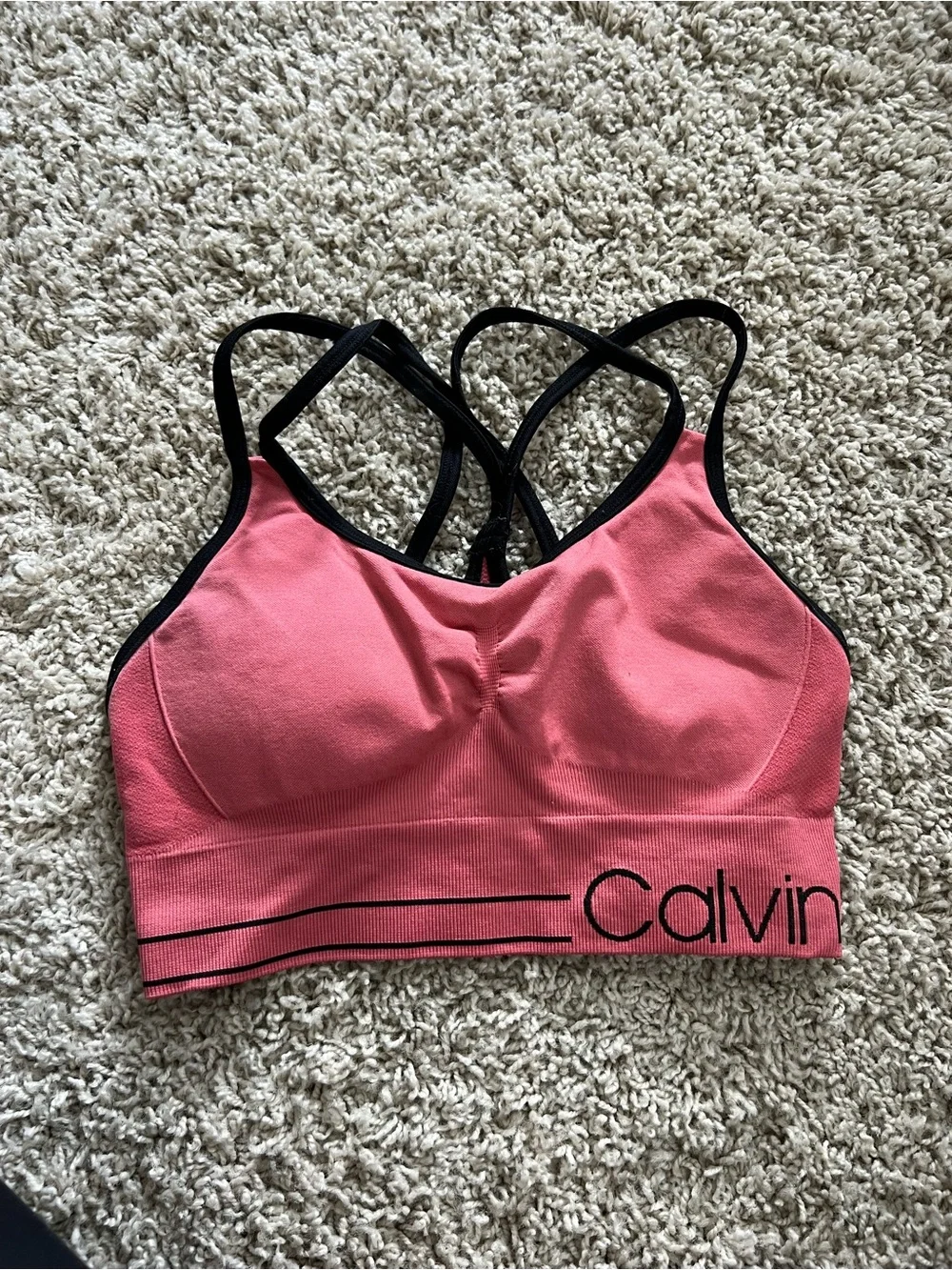 Calvin Klein Coral-Pink Seamless Strappy Sports Bra with Black Trim